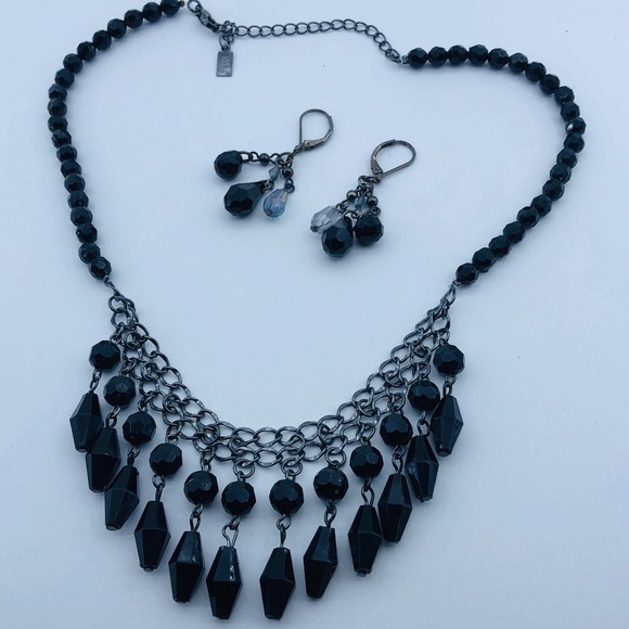 1928 Black Statement Necklace & Earring Set - Picture 1 of 6